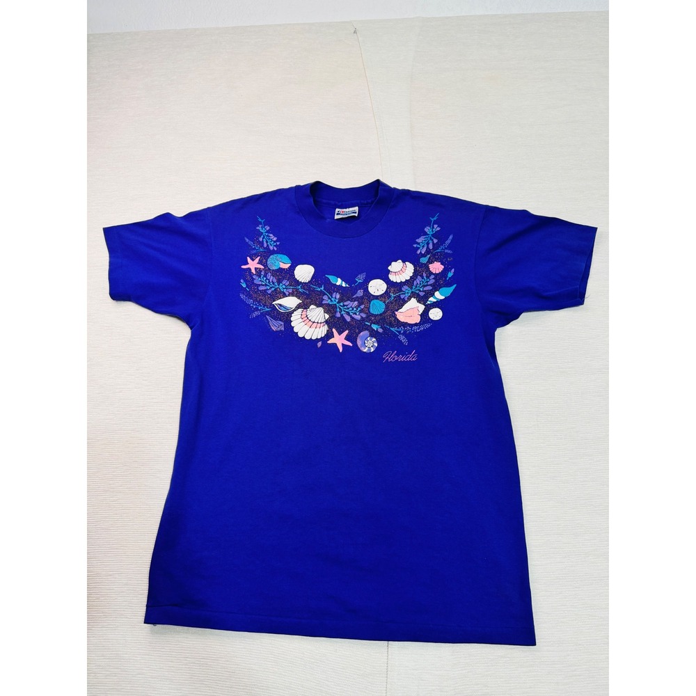 Vintage 90sHanes Fifty-Fifty Florida SeashellGraphic TShirt Royal Blue Large USA